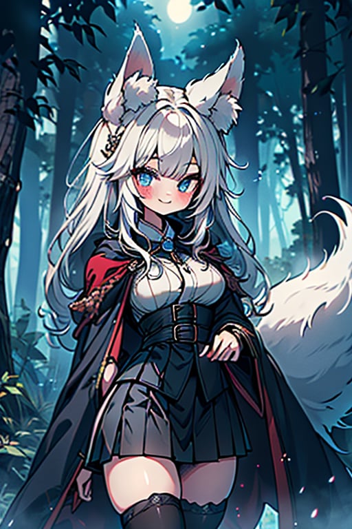 white hair, blue eyes, coat with blue vintage style cape, friendly face, skirt, killer, happy smile, blows, in the forest at night, masterpiece, detailed, high quality, absurd, long hair, black stockings, masterpiece, excellent quality, perfect face, medium breasts, kitsune ears, kitsune tail.

