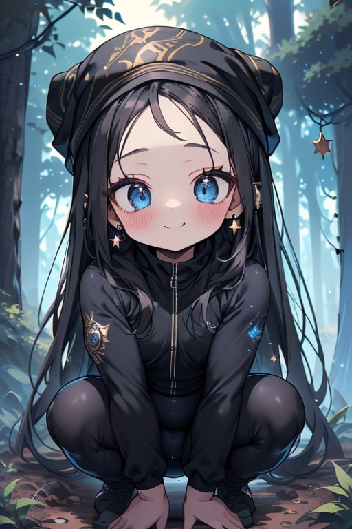 black hair, blue eyes, full body lycra clothing, friendly face, headscarf, little girl, happy smile, in the forest at night, masterpiece, star earrings, detailed, high quality, absurd, strongest human being of all, bearer of the hope of the world, long hair, perfect face, 8 year old girl, best quality, fat, obese.
