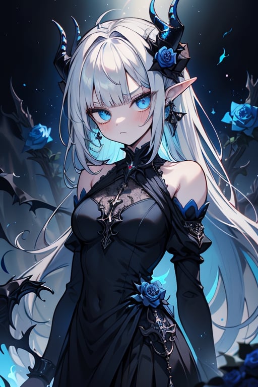 white hair, deep blue eyes, aura of dark power, the most powerful being in the world, queen of darkness, lost look, pointed ears, black dress with blue edges, killer of gods, the one who killed Lucifer, incarnation of the gods dragons, masterpiece, very good quality, excellent quality, perfect face, small breasts, serious face, dazed, calm, kuudere, eyes with blue flames, looking down, as if on top of the world, horns, fake goddess, bare shoulders, long skirt, gothic, Mullet Bangs, staring, sad expression, blue roses in her hair and her dress,emanates the power of chaos within her.

