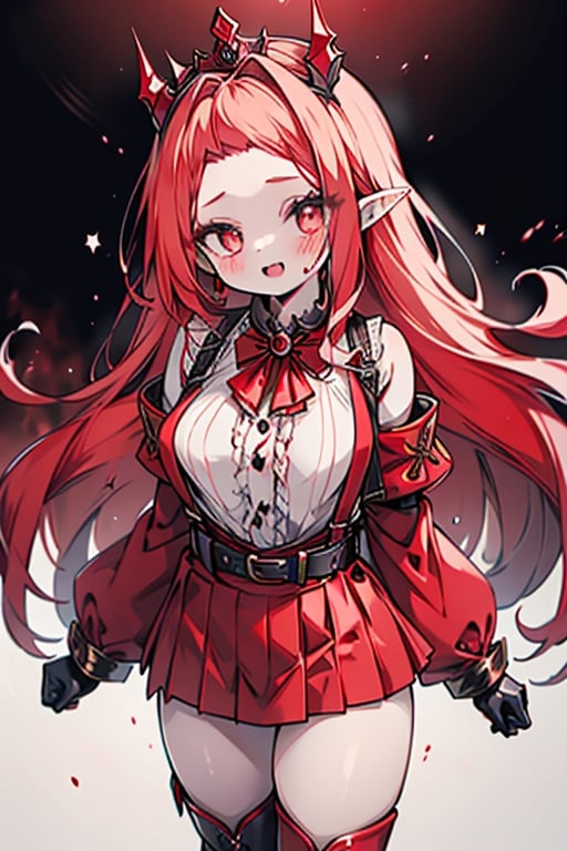 an arrogant woman, blonde, cold-blooded murderer, the final enemy of this world, medium breasts, pointed ears, vampire, eyes red like blood, smiling mischievously, red bowtie scarf, red suit with skirt with black borders, black crosses on his forehead, very pale skin, high_resolution, best quality, extremely detailed, HD, 8K, 1 girl, solo, sexy_figure, hot, 170 cm, tall_girl, LONG HAIR, DIAMOND THROAT, BLACK ASCOT, SEPARATED NECK, CENTER Ruffles, RED DRESS, RED SEPARATED SLEEVES, RED BELT, SKIRT WHITE, RED THIGH BOOTS, RED SUSPENDERS.TIARA,She represents death, the false goddess of putrefaction.

,Baobhan,masterpiece