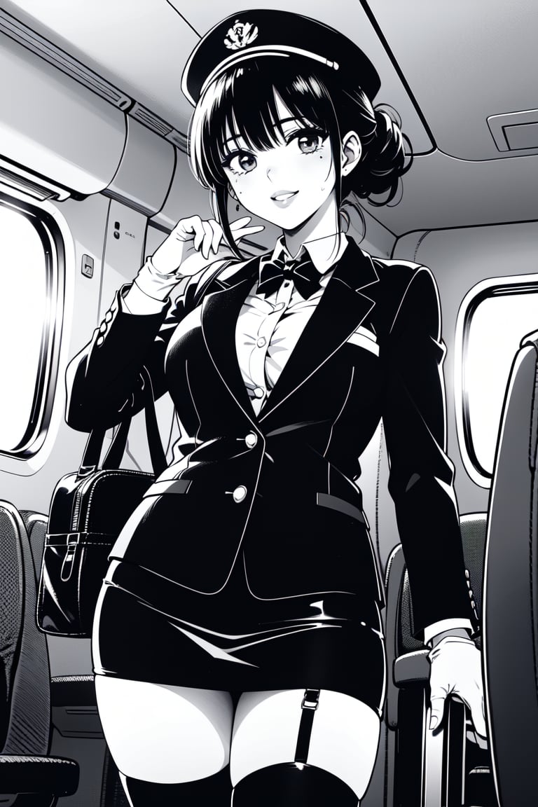 grayscale, manga, monochrome, lineart,  anna, a pretty woman, 1girl, 26yo, stunning, double eyelids, detailed eyes, glossy plump lips, lipstick, makeup, look at camera, best quality, 8k, 32k, masterpiece, uhd, smile, slim, thin, perfect body, flight_attendant, ((sexy)), flight attendance uniform,  garrison cap, black hair in chignon, in the airplane cabin, blazer, white collar shirt, skirt, thighhighs, thigh straps,  white gloves, 