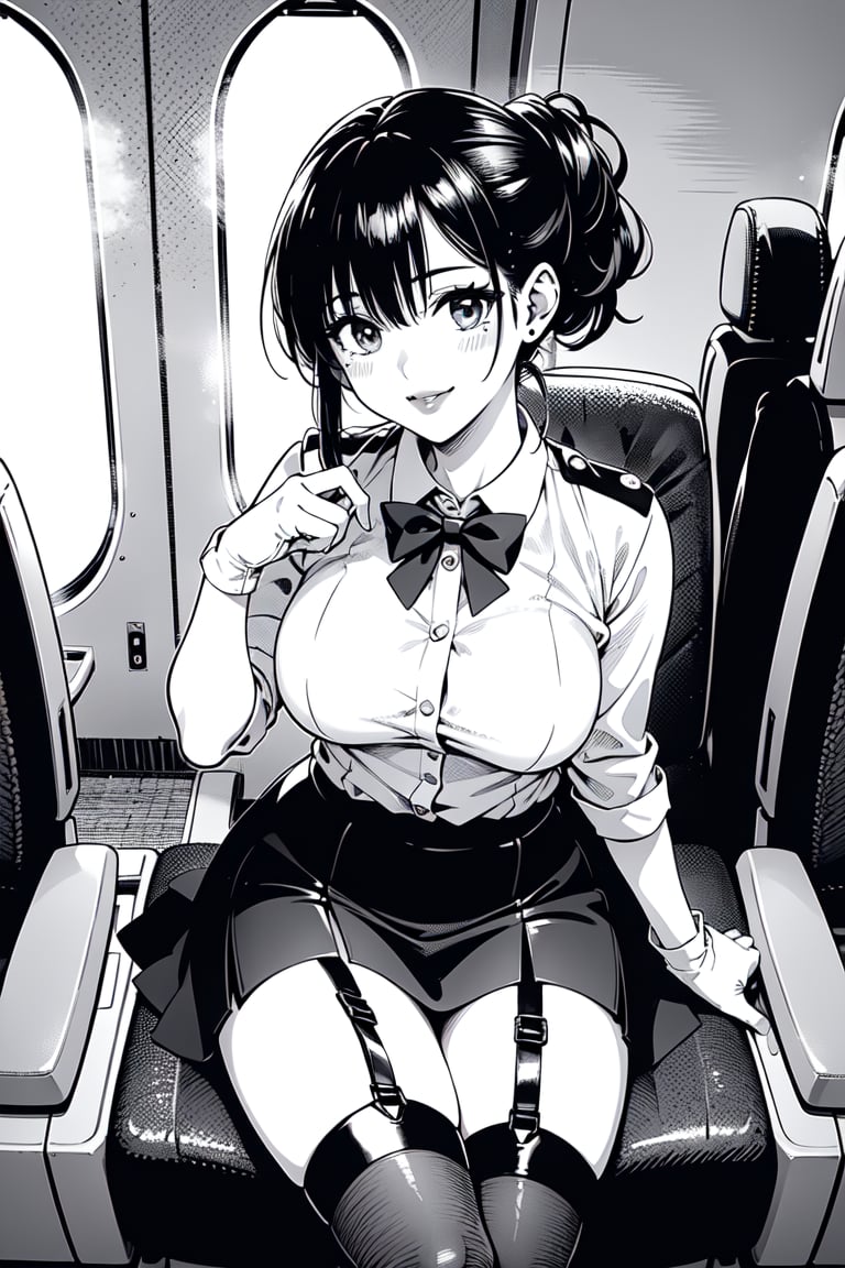 grayscale, manga, monochrome, lineart,  anna, a pretty woman, 1girl, 26yo, stunning, double eyelids, detailed eyes, glossy plump lips, lipstick, makeup, look at camera, best quality, 8k, 32k, masterpiece, uhd, smile, slim, thin, perfect body, flight_attendant, ((sexy)), flight attendance uniform,  garrison cap, black hair in chignon, in the airplane cabin, blazer, white collar shirt, skirt, thighhighs, thigh straps,  white gloves, 