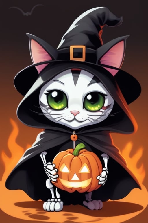 a halloween skeleton cutie cat with big black cloak is holding a big Jack o 'Lantern shaped like  apple's logo,the pumpkin is on fire