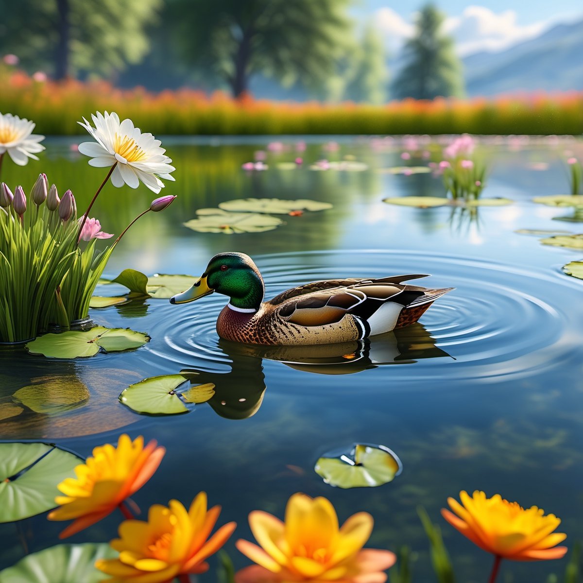 Create a high-quality and ultra-realistic image of a duck swimming in a pond with a beautiful landscape. The duck should be detailed with shiny and realistic feathers, reflecting sunlight on its plumage. The pond should have clear and crystalline water with gentle ripples indicating the duck's movement. Around the pond, there should be a serene and natural landscape with lush trees of different types and sizes, some vibrant colored flowers, and green grass. In the background, there should be gentle hills and a blue sky with some fluffy white clouds. The lighting should be soft and warm, like the sunlight on a spring morning. The reflections in the water should be sharp, showing both the duck and part of the surrounding landscape. Additional details may include some insects like dragonflies flying near the water and small fish visible beneath the pond's surface.,more detail XL