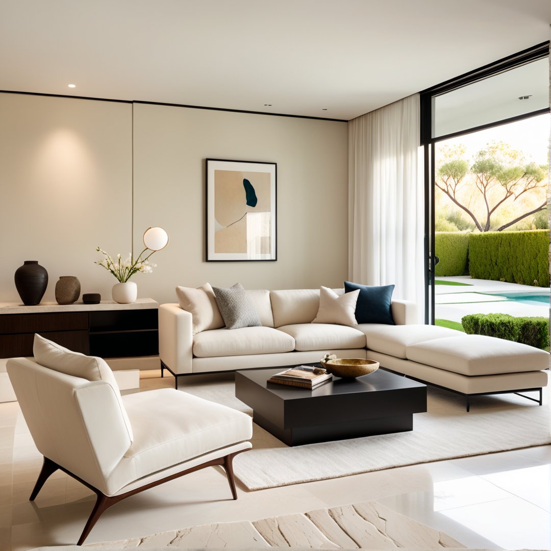 Photograph, contemporary living room, soft light of morning, integration of beige flooring and matte stone features, unified color scheme of soothing white tones, creating a white and inviting atmosphere, 35mm f/1.4G lens, set f/4, sophisticated furniture, including a white-colored sofa set and a minimalist side table, natural lights