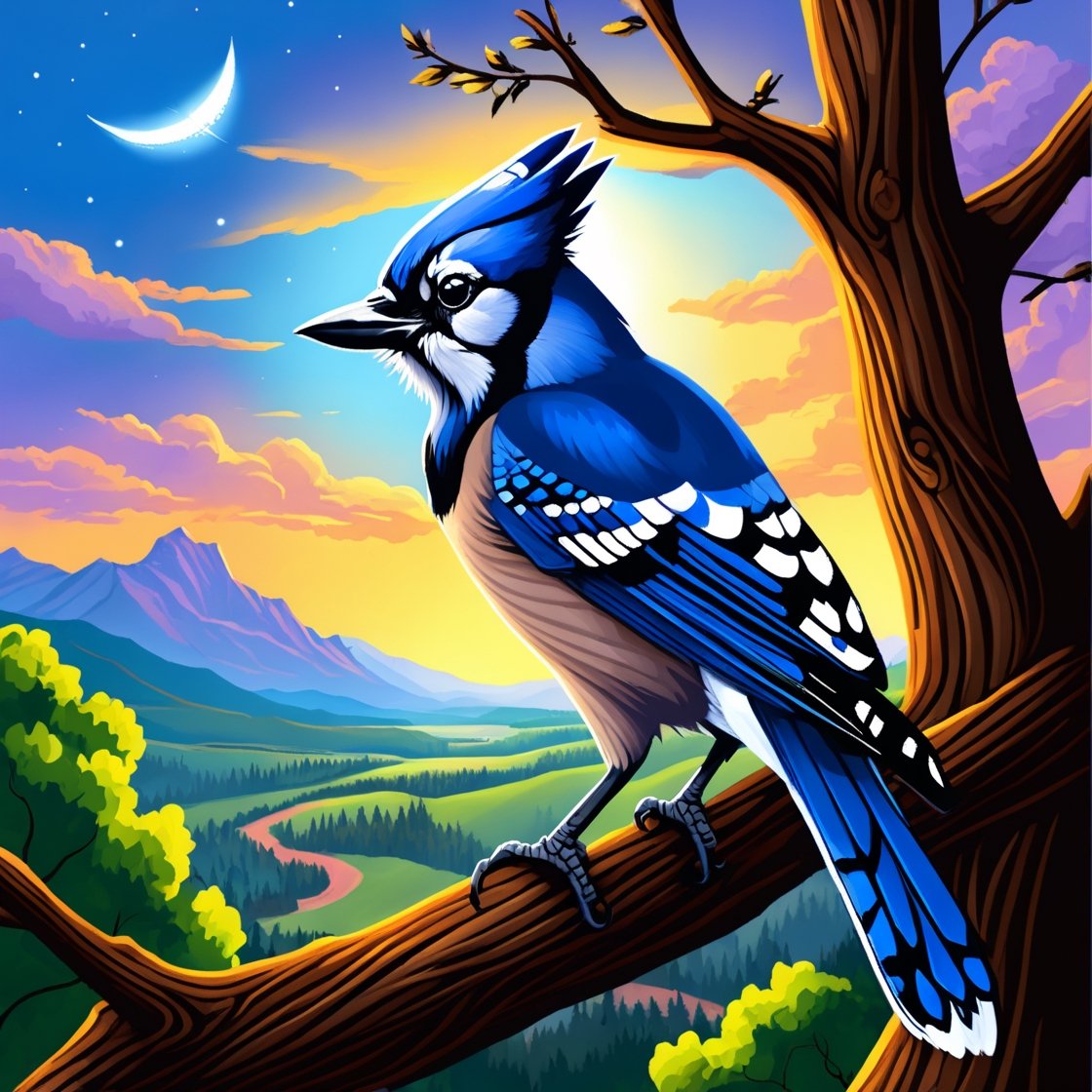 High Detailed, High Quality, Beautiful, a blue jay bird on a tree branch watching the sky with beautiful landscape,LegendDarkFantasy