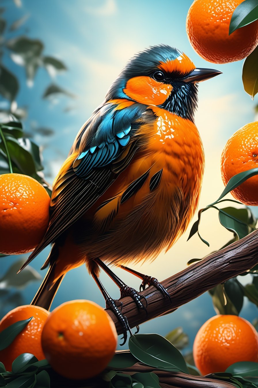 Highly detailed, 4K, Masterpiece, a little bird made of a fresh orange that has been cut open, photo-realistic techniques --ar 2:3 --stylize 400,LegendDarkFantasy