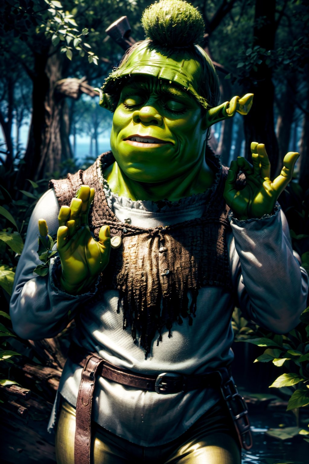 Highly detailed, High Quality, MasterPiece, beautiful, (medium long shot), 1person, solo, shrek, PachaMeme, (eyes closed, green skin, green hands, brown coat, white tunic, brown belt, brown pants, swamp, swamp trees, detailed background, blue sky, day)