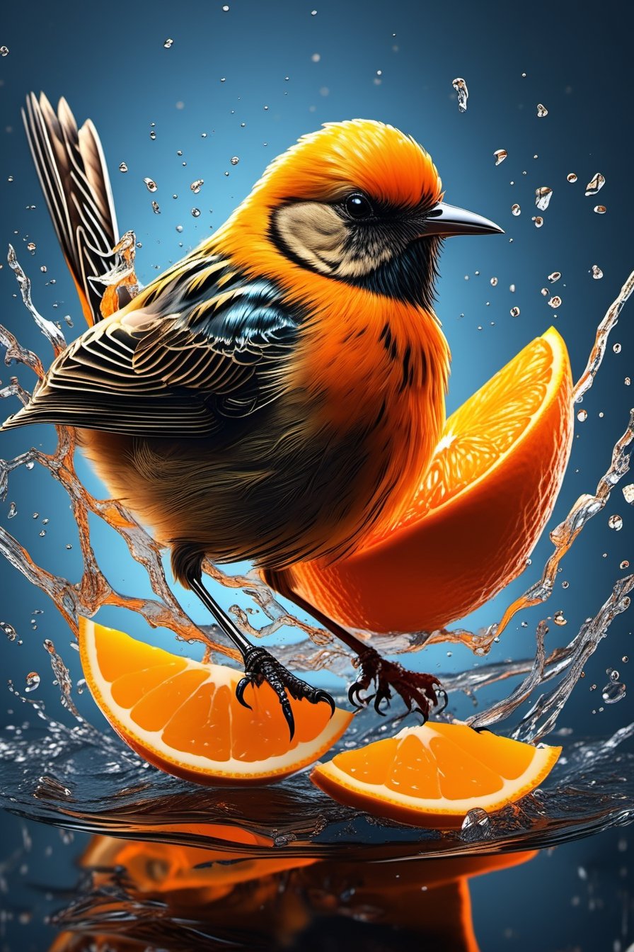 Highly detailed, 4K, Masterpiece, a little bird made of a fresh orange that has been cut open, photo-realistic techniques --ar 2:3 --stylize 400,LegendDarkFantasy