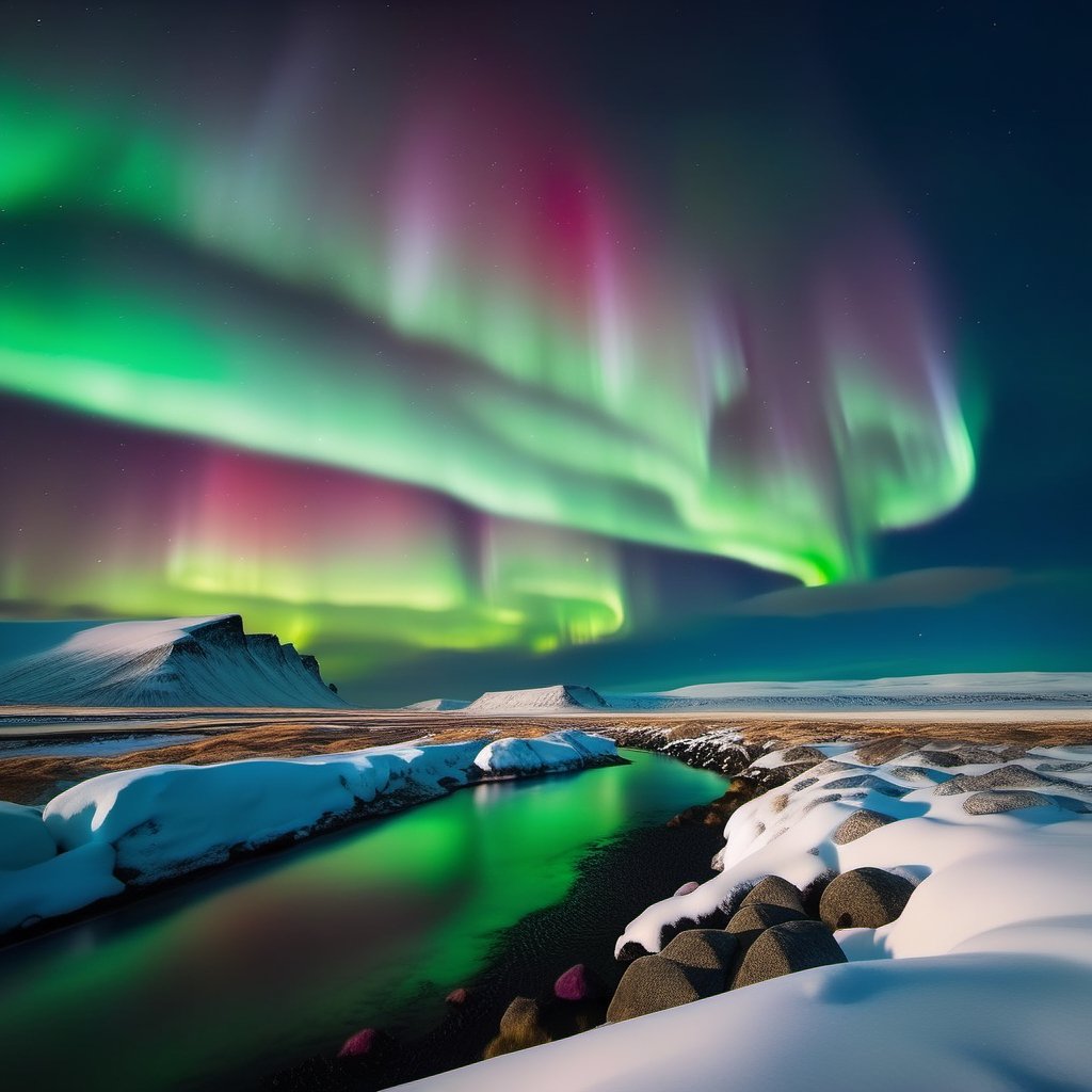 A breathtaking view of the Northern Lights shimmering over a snowy Icelandic landscape,DonMR31nd33rXL