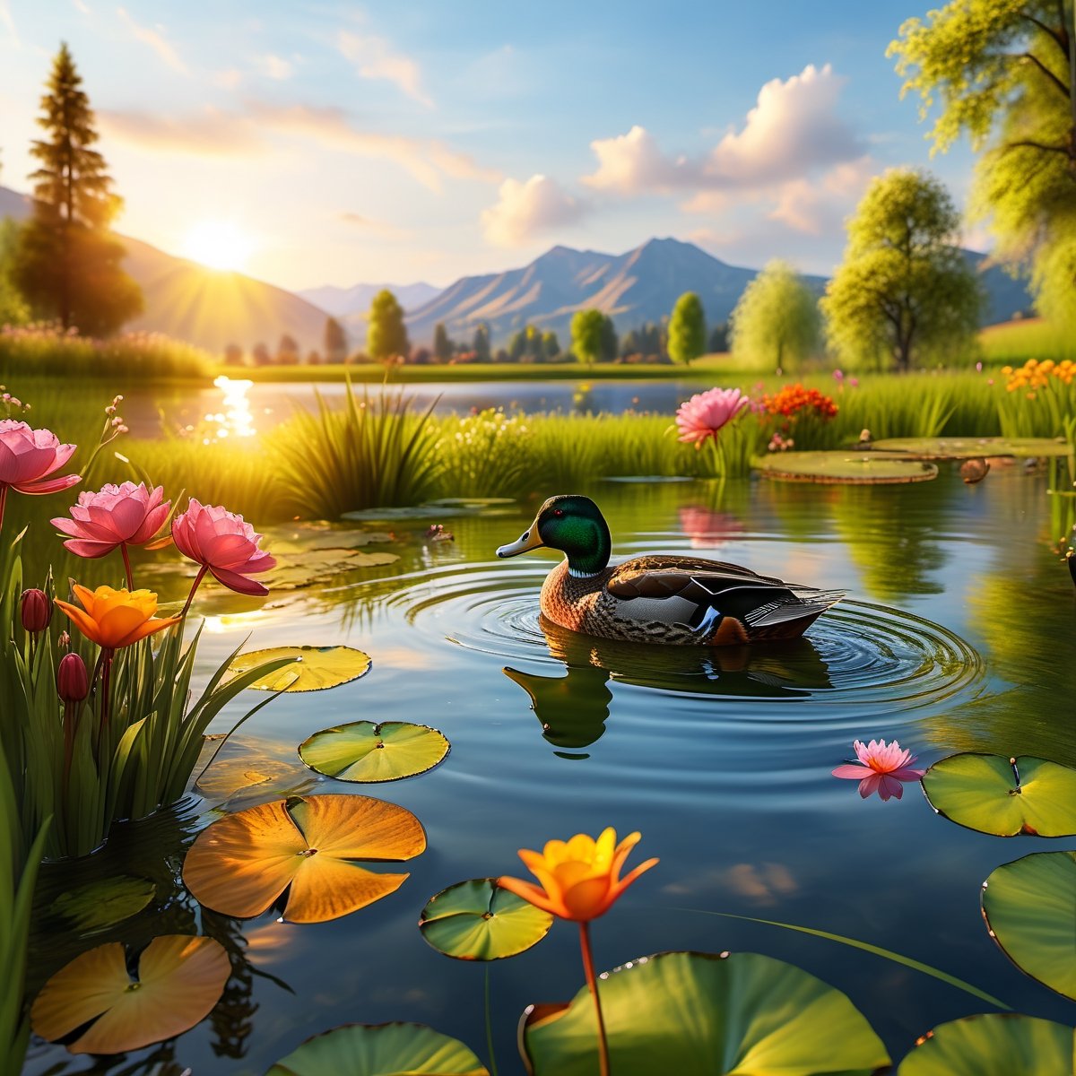 Create a high-quality and ultra-realistic image of a duck swimming in a pond with a beautiful landscape. The duck should be detailed with shiny and realistic feathers, reflecting sunlight on its plumage. The pond should have clear and crystalline water with gentle ripples indicating the duck's movement. Around the pond, there should be a serene and natural landscape with lush trees of different types and sizes, some vibrant colored flowers, and green grass. In the background, there should be gentle hills and a blue sky with some fluffy white clouds. The lighting should be soft and warm, like the sunlight on a spring morning. The reflections in the water should be sharp, showing both the duck and part of the surrounding landscape. Additional details may include some insects like dragonflies flying near the water and small fish visible beneath the pond's surface.,more detail XL