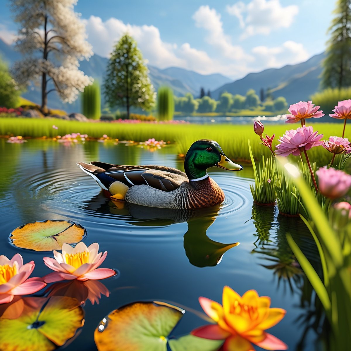 Create a high-quality and ultra-realistic image of a duck swimming in a pond with a beautiful landscape. The duck should be detailed with shiny and realistic feathers, reflecting sunlight on its plumage. The pond should have clear and crystalline water with gentle ripples indicating the duck's movement. Around the pond, there should be a serene and natural landscape with lush trees of different types and sizes, some vibrant colored flowers, and green grass. In the background, there should be gentle hills and a blue sky with some fluffy white clouds. The lighting should be soft and warm, like the sunlight on a spring morning. The reflections in the water should be sharp, showing both the duck and part of the surrounding landscape. Additional details may include some insects like dragonflies flying near the water and small fish visible beneath the pond's surface.,more detail XL