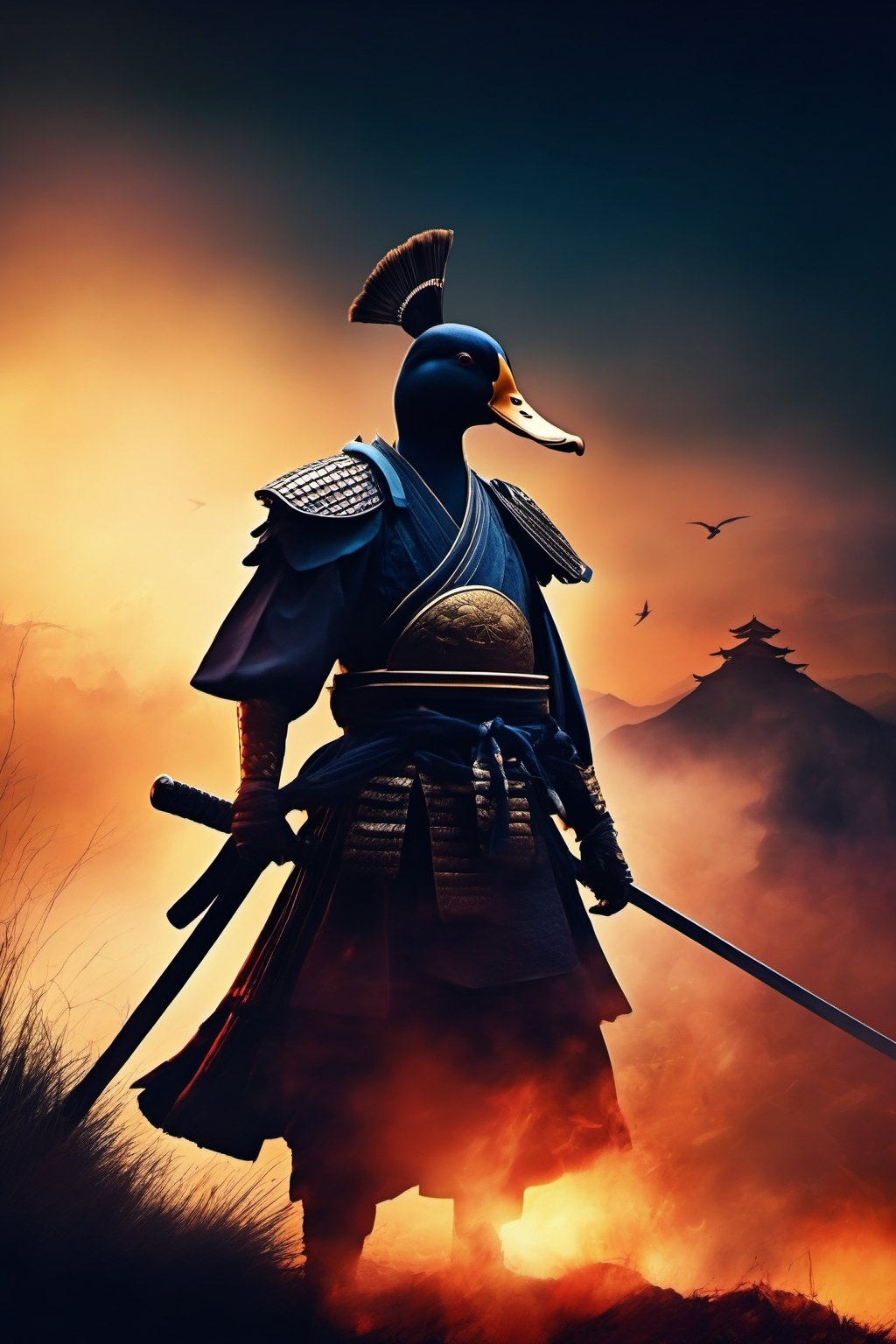 Masterpiece, Ultrarealistic, ethereal image, A hyper-realistic depiction of a duck samurai standing valiantly on a battlefield. The scene is set at dusk, casting dramatic shadows. The duck samurai holds a gleaming katana, ready for battle. The background features a chaotic yet visually stunning battlefield with other warriors engaged in combat, flags fluttering, and the smoke of distant fires adding to the intensity of the moment. (AR 2:3),LegendDarkFantasy