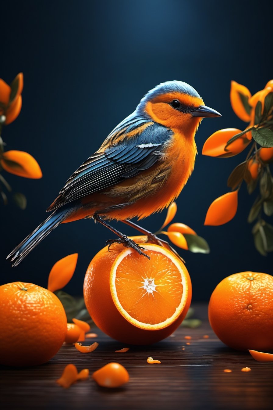 Highly detailed, 4K, Masterpiece, a little bird made of a fresh orange that has been cut open, photo-realistic techniques --ar 2:3 --stylize 400,LegendDarkFantasy