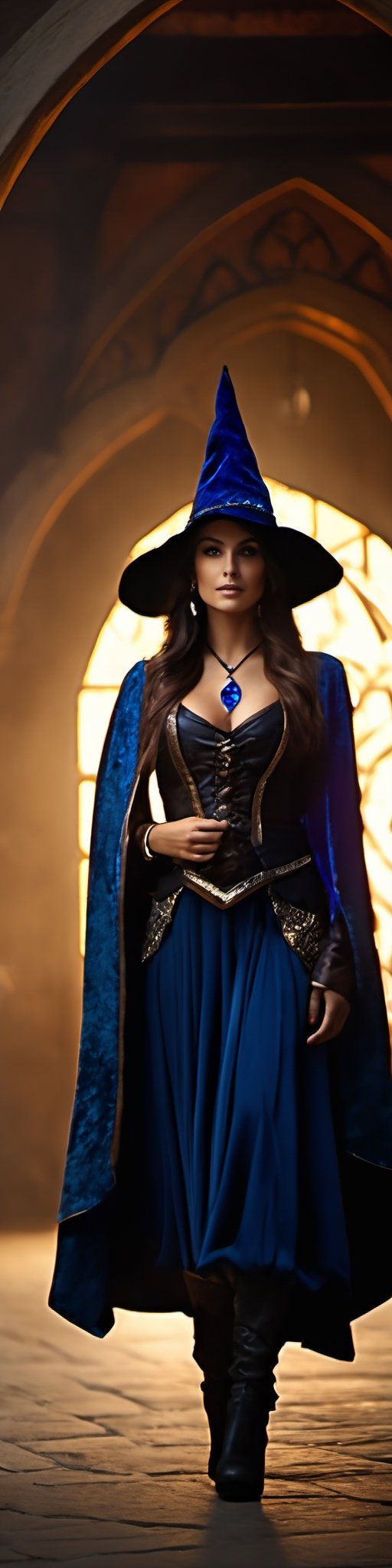 Prompt: gorgeous female dressed as sorcerer, magical, mystical, attractive, flirting, (((full body visible))), looking at viewer, portrait, photography, detailed skin, realistic, photo-realistic, 8k, highly detailed, full length frame, High detail RAW color art, diffused soft lighting, shallow depth of field, sharp focus, hyperrealism, cinematic lighting