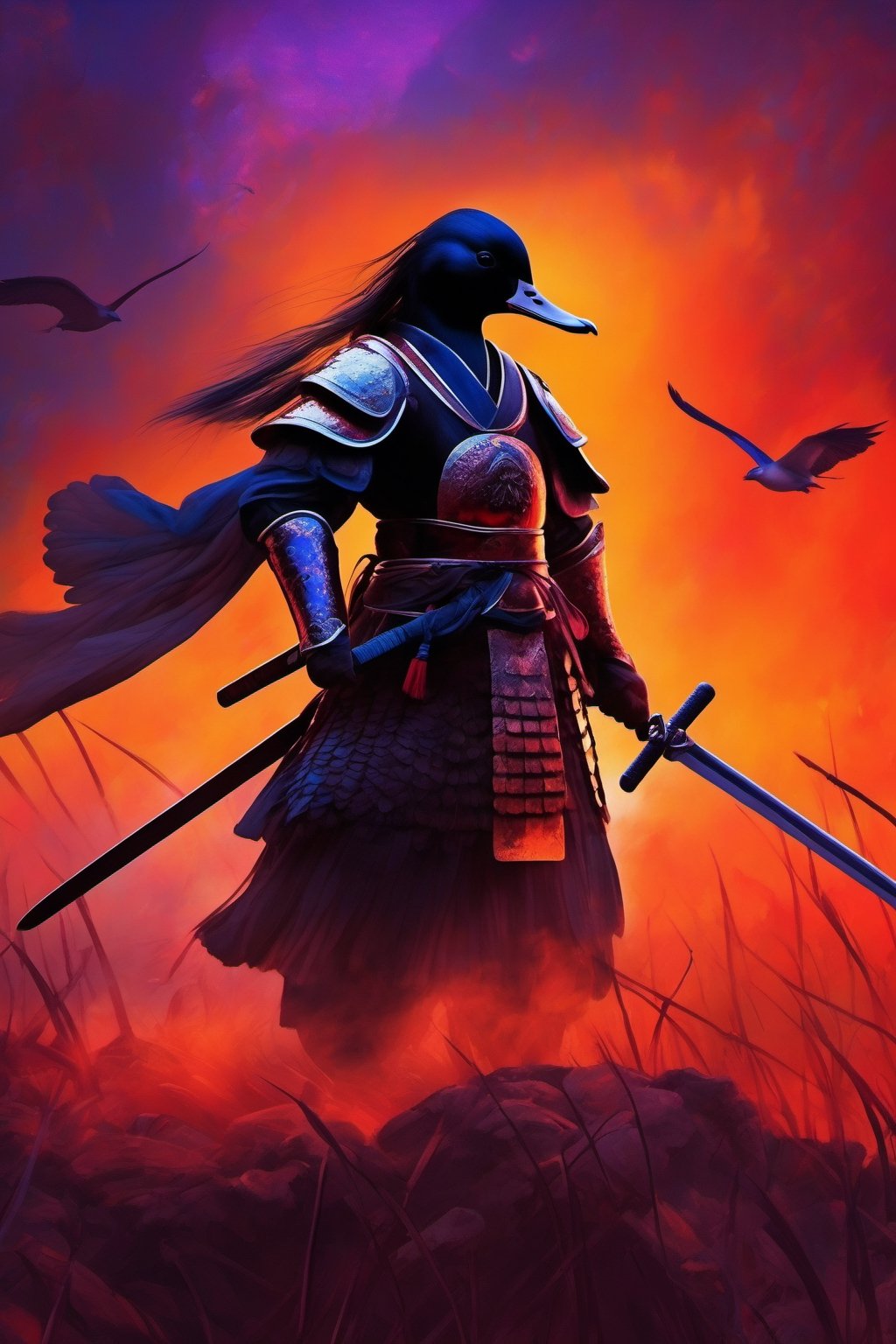 Masterpiece, Ultrarealistic, ethereal image, A hyper-realistic depiction of a duck samurai standing valiantly on a battlefield. The scene is set at dusk, with the sky ablaze in shades of orange and purple, casting dramatic shadows. The duck samurai, adorned in intricately detailed armor, holds a gleaming katana, ready for battle. The background features a chaotic yet visually stunning battlefield with other warriors engaged in combat, flags fluttering, and the smoke of distant fires adding to the intensity of the moment. (AR 2:3),LegendDarkFantasy