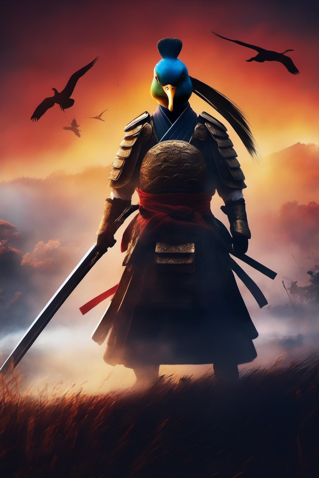 Masterpiece, Ultrarealistic, ethereal image, A hyper-realistic depiction of a duck samurai standing valiantly on a battlefield. The scene is set at dusk, casting dramatic shadows. The duck samurai holds a gleaming katana, ready for battle. The background features a chaotic yet visually stunning battlefield with other warriors engaged in combat, flags fluttering, and the smoke of distant fires adding to the intensity of the moment. (AR 2:3),LegendDarkFantasy