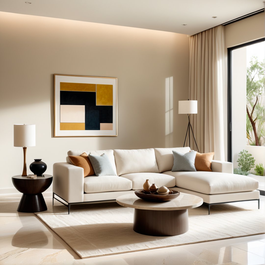 Photograph, contemporary living room, soft light of morning, integration of beige flooring and matte stone features, unified color scheme of soothing white tones, creating a white and inviting atmosphere, 35mm f/1.4G lens, set f/4, sophisticated furniture, including a white-colored sofa set and a minimalist side table, natural lights