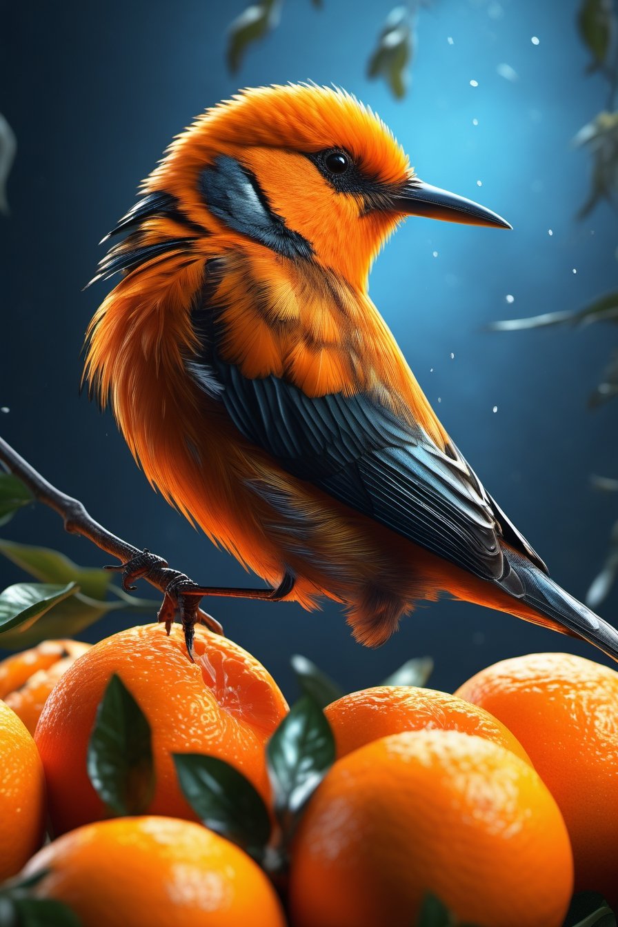 Highly detailed, 4K, Masterpiece, a little bird made of a fresh orange that has been cut open, photo-realistic techniques --ar 2:3 --stylize 400,LegendDarkFantasy