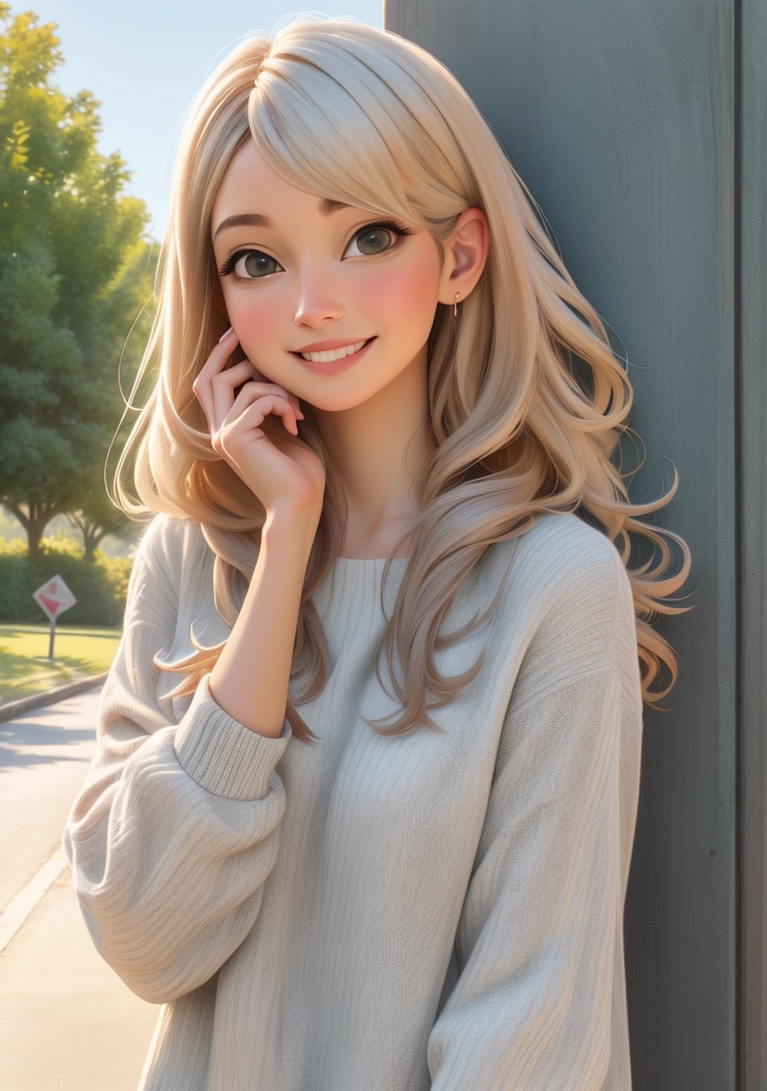 (masterpiece), (best quality), Photo Realistic, (extreme detailed), (1 girl), (pretty cute girl), smile, slender, blonde long hair, bluewish, playing with gray dolphin, in the park, upper body, original, extremely detailed wallpaper, (parfect detail features), 8k