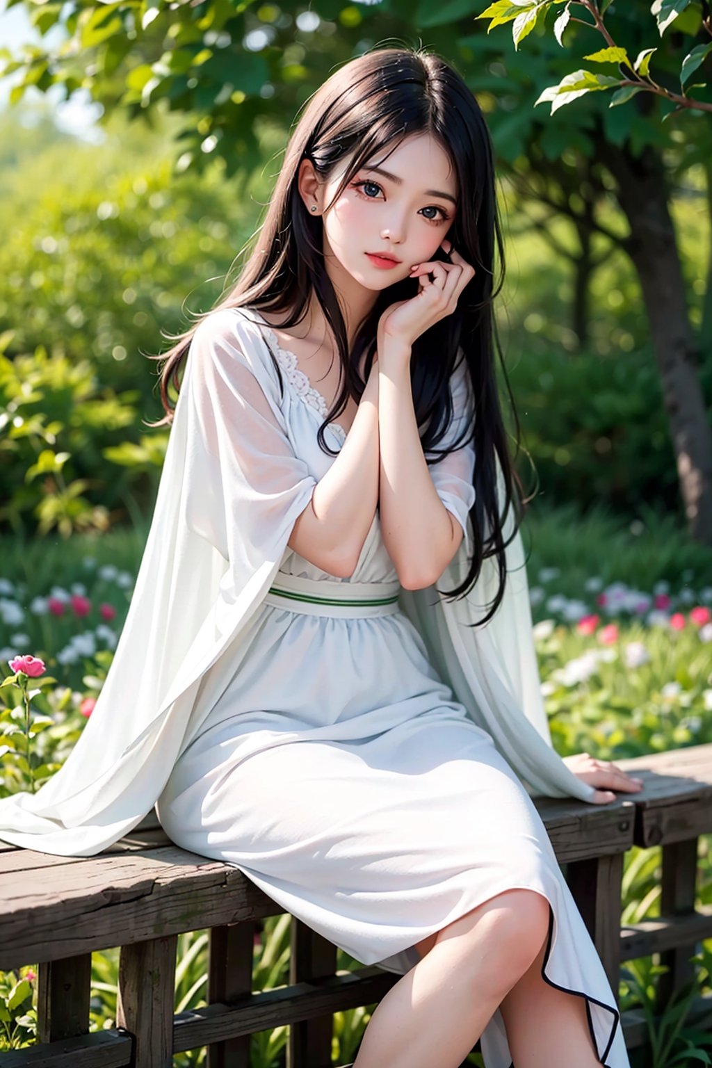 (masterpiece, best quality),1girl with long black hair sitting in a field of green plants and flowers,her hand under her chin,warm lighting,white dress,
