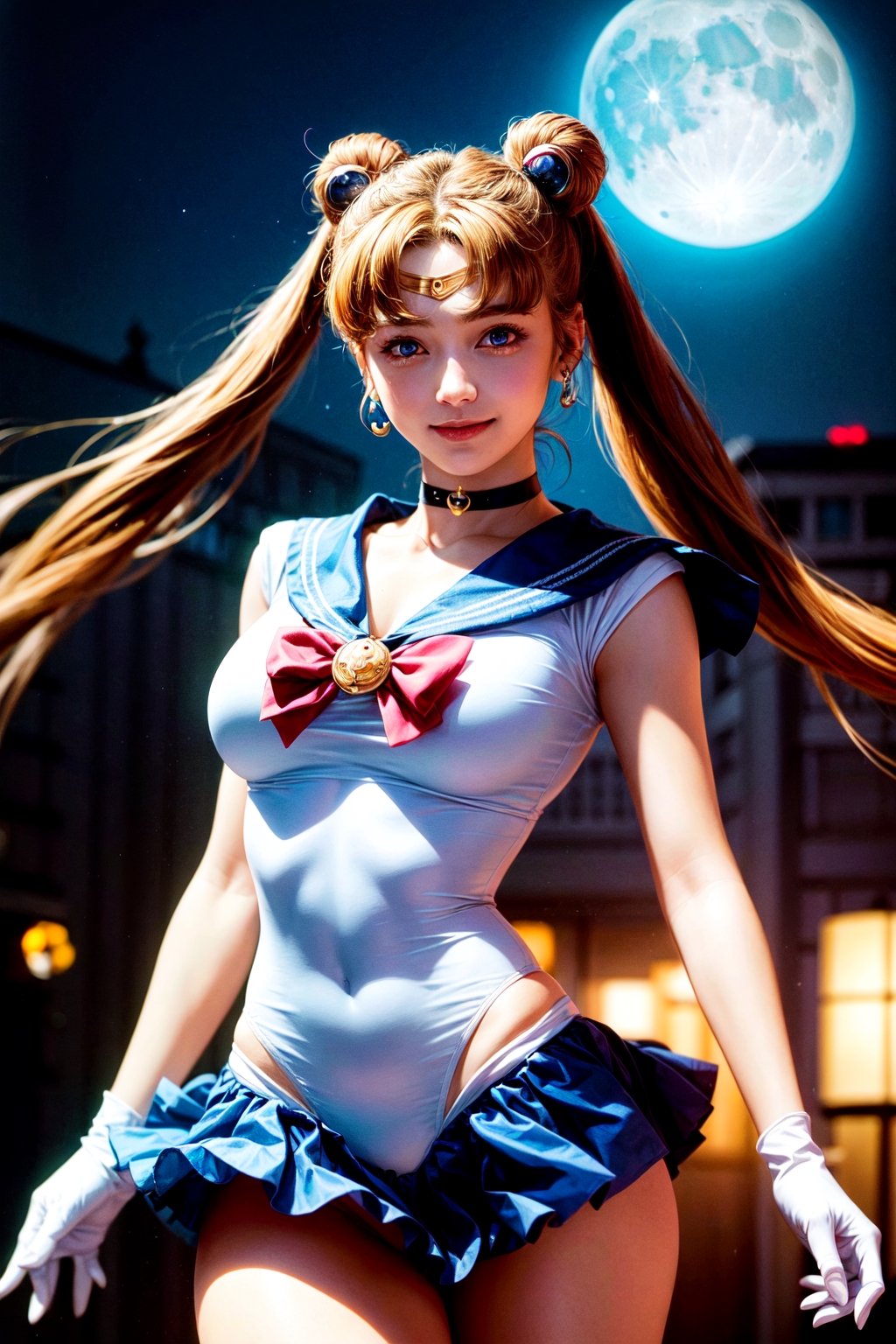 lora:sailor_moon_v1:0.7, aausagi, double bun, twintails, parted bangs, circlet, jewelry, earrings, choker, red bow, white gloves, elbow gloves, blue skirt,  standing,  outdoors,  city,( moon background:1.1),lora:add_detail:1, cowboy shot,best quality, highly detailed,photorealistic, realistic, masterpiece, absurdres, detailed skin texture, (detailed eyes, deep eyes,detail hair:1.0),remarkable detailed pupils,1girl,solo,(smile:1.2),(happy:1.1), narrow waist,large breasts, ,aausagi