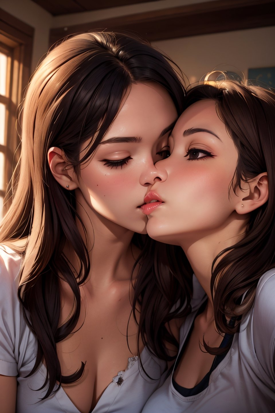 masterpiece, best quality, absurdres, ultra-detailed, indoors, bedroom, BREAK, lora:happy_kiss_v2:1, happy kiss, 2girls, 