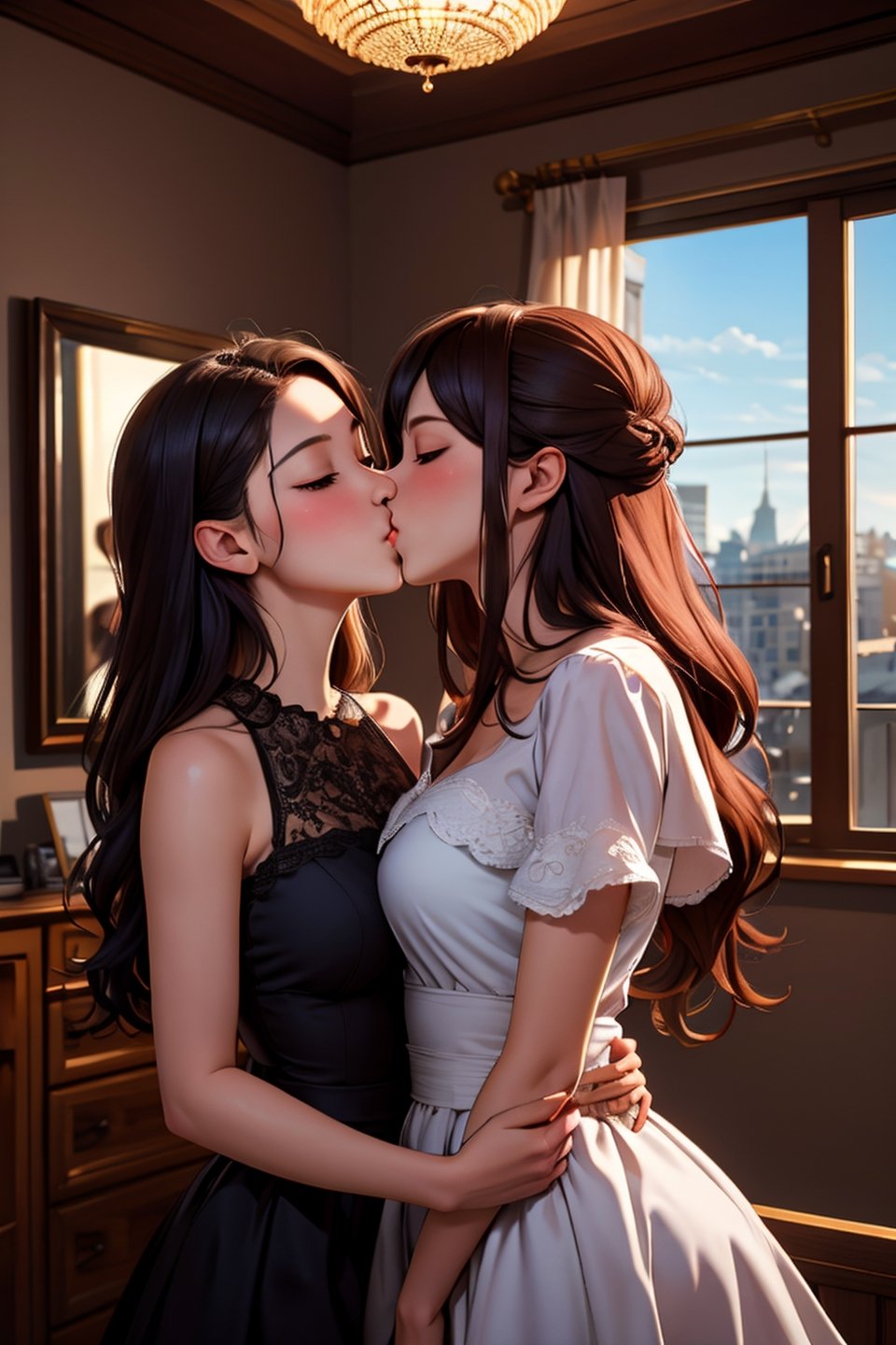 masterpiece, best quality, absurdres, ultra-detailed, indoors, bedroom, BREAK, lora:happy_kiss_v2:1, happy kiss, 2girls, 