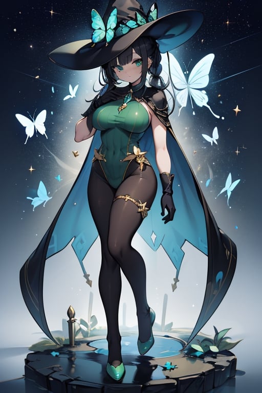 She is a woman of immeasurable beauty,black hair down to her waist, she has a green butterfly ribbon that she braids in her hair,star shaped earrings,curvy figure, She has a transparent green maillot,black pantyhose, black gloves up to the transparent shoulder,blue trim, gold embroidery,It has a wide-brimmed hat that is pointed and slanted upwards at the tips,hat decorated with butterflies and stars,green eyes, gesugado, serious look, egocentric,necromancer, layer of the color of the universe, the stars are seen in the layer, an enigmatic and powerful mystical layer,a cape that she carries on his back, medium breasts, green clothing,long black gloves that covers all the skin up to the neck.


