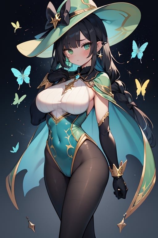 She is a woman of immeasurable beauty,black hair down to her waist, she has a green butterfly ribbon that she braids in her hair,star shaped earrings,curvy figure, She has a transparent green maillot,black pantyhose, black gloves up to the transparent shoulder,blue trim, gold embroidery,It has a wide-brimmed hat that is pointed and slanted upwards at the tips,hat decorated with butterflies and stars,green eyes, gesugado, serious look, egocentric,necromancer, layer of the color of the universe, the stars are seen in the layer, an enigmatic and powerful mystical layer,a cape that she carries on his back, medium breasts, green clothing,long black gloves, transparent neoprene suit.


