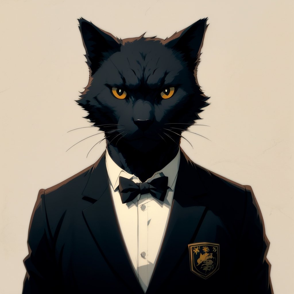 anthropomorphic cat, solo, (simple background:1.3), upper body, best quality, masterpiece, black cat, ,anthropomorphic