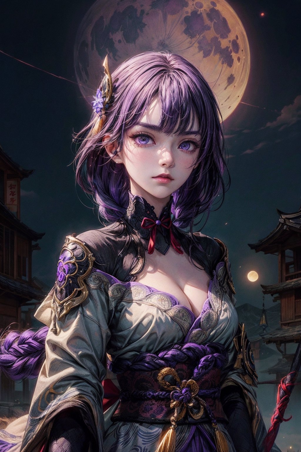 front upper body portrait. (masterpiece:1.2, best quality),(colored background) (finely detailed beautiful eyes: 1.2),guweiz style,details, Qiyana, (extremely detailed CG unity 8k wallpaper, masterpiece, best quality, ultra-detailed, best shadow), (detailed background), (beautiful detailed face, beautiful detailed eyes), High contrast, (best illumination, an extremely delicate and beautiful),raiden shogun, lightings, purple hair, purple eyes, 1girl, dynamic angle,beautiful detailed glow, dress, moon on sky,long single braid hair,front  posing, facing_viewer, fantasy landscape , intimidating look,midjourney, ,EpicArt,guweiz style,FFIXBG,