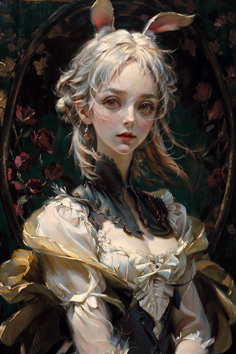 (masterpiece:1.2, best quality)((upper body portrait)),portrait ,(oil painting),(colored background) (finely detailed beautiful eyes: 1.2),guweiz style,details,  (extremely detailed CG unity 8k wallpaper, masterpiece, best quality, ultra-detailed, best shadow), (detailed background), (beautiful detailed face, beautiful detailed eyes), High contrast, (best illumination, an extremely delicate and beautiful),1girl, dynamic angle,beautiful detailed,   ,midjourney, ,EpicArt,guweiz style, stunning beautiful, smug, lookig at camera,style,,ratatatat74 style,), short hair, sunglasses, smug, orange eyes, bunny ears, medium breast,marine uniform ,oil painting,renaissance,historical painting,classic painting,masterpiece, upperbody portrait, 