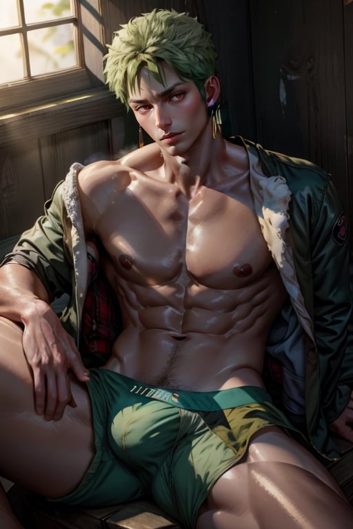 (masterpiece, best quality:1.2), , solo, male focus, 1boy, roronoa zoro, expressionless, closed mouth, looking at viewer, sitting, shirtless, muscular, nipples, boxershorts, bulge,Shiny_skin,perfecteyes,VPL,mackenyu