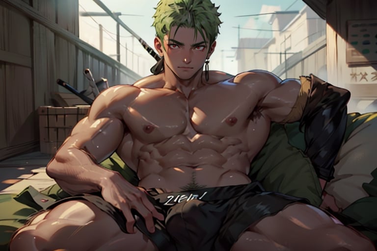 (masterpiece, best quality:1.2), , solo, male focus, 1boy, roronoa zoro, expressionless, closed mouth, looking at viewer, sitting, shirtless, muscular, nipples, boxershorts, bulge,Shiny_skin,perfecteyes,VPL,mackenyu