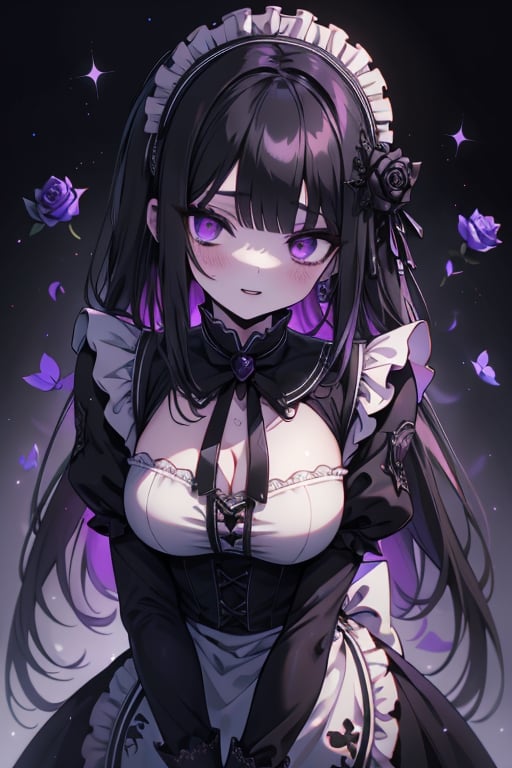 a puppet, a woman with a tall body, black hair, empty eyes, black rose patch on the left eye, maid outfit, purple eyes, perfect face, happy, yandere, psychopath, corrodia, semi-central hive mind, medium breasts, artwork teacher, very good quality, excellent quality, young,
 gothic, soul sculptor, long hair, maid headband.

