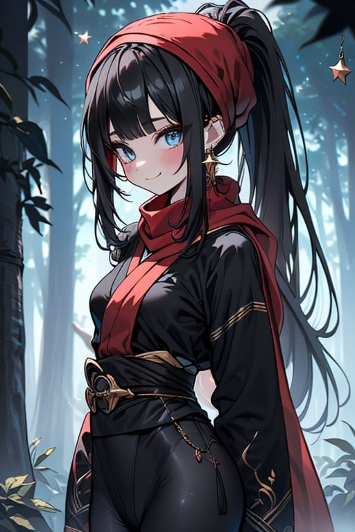 black hair, blue eyes, Kimono
 outfit with black edges, a red scarf with gold stripes, the edges have small golden touches, friendly face, a black spandex that covers her entire body, headscarf, killer, happy smile , bangs, in the forest at night, masterpiece, star earrings, detailed, high quality, absurd, the strongest human of all, bringer of the world's hope, hair in ponytail,black lycra.