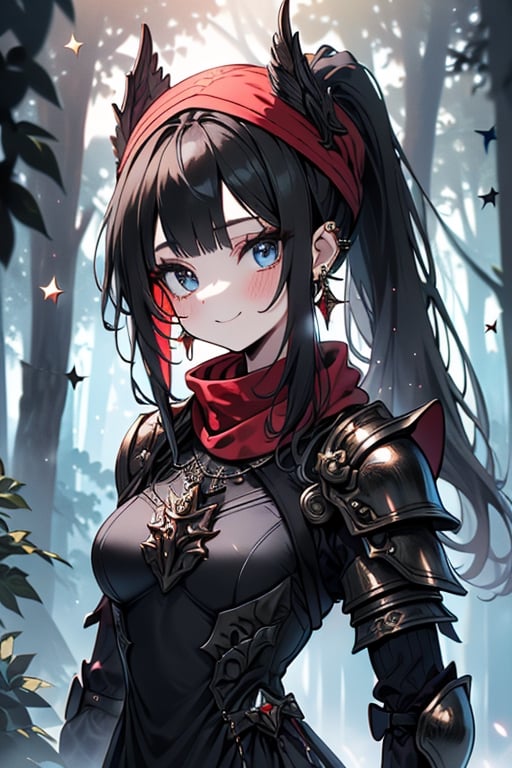 black hair, blue eyes,victorian princess dress outfit with black edges, a red scarf with gold stripes, the edges have small golden touches, friendly face, a black spandex that covers her entire body, headscarf, killer, happy smile , bangs, in the forest at night, masterpiece, star earrings, detailed, high quality, absurd, the strongest human of all, bringer of the world's hope, hair in ponytail,Full armor, black breastplate.