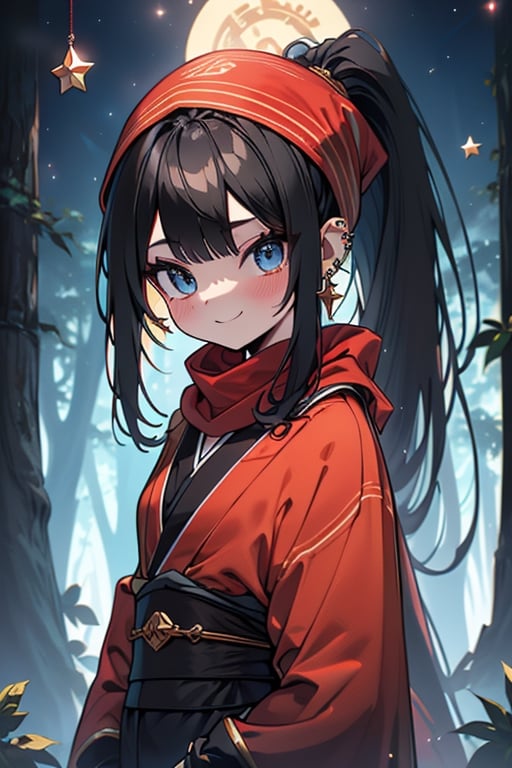 black hair, blue eyes, orange Kimono
 outfit with black edges, a red scarf with gold stripes, the edges have small golden touches, friendly face, a black spandex that covers her entire body, headscarf, killer, happy smile , bangs, in the forest at night, masterpiece, star earrings, detailed, high quality, absurd, the strongest human of all, bringer of the world's hope, hair in ponytail,black lycra.