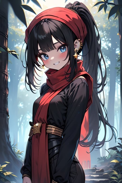black hair, blue eyes, sari
 outfit with black edges, a red scarf with gold stripes, the edges have small golden touches, friendly face, a black spandex that covers her entire body, headscarf, killer, happy smile , bangs, in the forest at night, masterpiece, star earrings, detailed, high quality, absurd, the strongest human of all, bringer of the world's hope, hair in ponytail.
