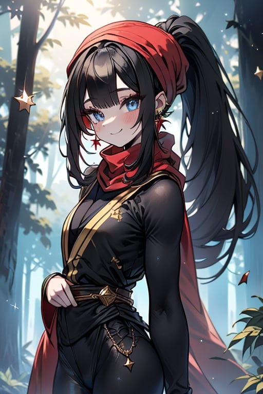 black hair, blue eyes, yellow Kimono
 outfit with black edges, a red scarf with gold stripes, the edges have small golden touches, friendly face, a black spandex that covers her entire body, headscarf, killer, happy smile , bangs, in the forest at night, masterpiece, star earrings, detailed, high quality, absurd, the strongest human of all, bringer of the world's hope, hair in ponytail,black lycra.