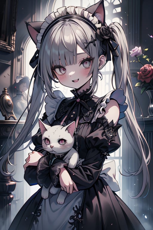 a puppet, a woman with a small body, teenager, gray hair, smiling, black rose patch on her left eye, very elegant black dress from the Victorian era, silver eyes, perfect face, happy, yandere, psychopath, corrodia, hive mind semi-central, small breasts, masterpiece, very good quality, excellent quality, loli, small body,loli,young man, holding a stuffed cat in her arms, gothic,sculptor of souls,two long pigtails in her hair,maid headband.