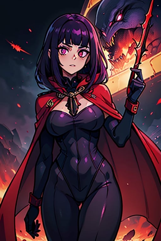 The queen of the abyss, protective mother of mortals, formidable war, purple hair, medium hair, very long bangs, black combat lycra attached to her body, purple eyes, foreign, alien, the fastest woman in the world, tall, powerful , red spear,magenta hair with reddish tones,military cape, masterpiece, good quality, excellent quality, good resolution

