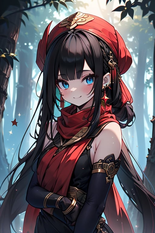 black hair,blue eyes,  light red qipao with black edges,, a red scarf with gold stripes, the edges have small golden touches friendly face, a black lycra that covers her entire body,  kerchief on her head, assassin, happy smile, fringe, in the forest at night,masterpiece, star earrings, detailed, high quality, absurd, the strongest human of all, bearer of the hope of the world.