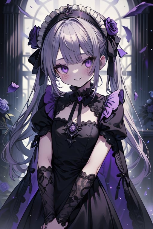 a puppet, a woman with a small body, teenager, gray hair, smiling, black rose patch on her left eye, very elegant black dress from the Victorian era, purple eyes, perfect face, happy, yandere, psychopath, corrodia, hive mind semi-central, small breasts, masterpiece, very good quality, excellent quality, loli, small body,loli,young man, 
 gothic,sculptor of souls,two long pigtails in her hair,maid headband,purple cape
