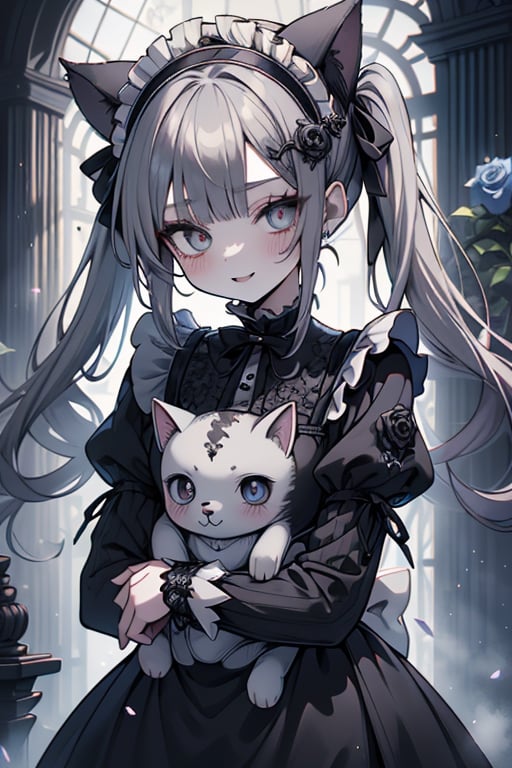 a puppet, a woman with a small body, teenager, gray hair, smiling, black rose patch on her left eye, very elegant black dress from the Victorian era, silver eyes, perfect face, happy, yandere, psychopath, corrodia, hive mind semi-central, small breasts, masterpiece, very good quality, excellent quality, loli, small body,loli,young man, holding a stuffed cat in her arms, gothic,sculptor of souls,two long pigtails in her hair,maid headband.