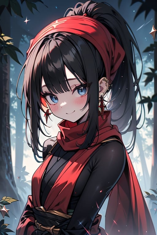 black hair, blue eyes, red Kimono
 outfit with black edges, a red scarf with gold stripes, the edges have small golden touches, friendly face, a black spandex that covers her entire body, headscarf, killer, happy smile , bangs, in the forest at night, masterpiece, star earrings, detailed, high quality, absurd, the strongest human of all, bringer of the world's hope, hair in ponytail,black lycra.