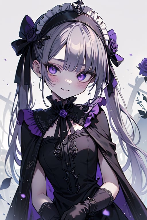 a puppet, a woman with a small body, teenager, gray hair, smiling, black rose patch on her left eye, very elegant black dress from the Victorian era, purple eyes, perfect face, happy, yandere, psychopath, corrodia, hive mind semi-central, small breasts, masterpiece, very good quality, excellent quality, loli, small body,loli,young man, 
 gothic,sculptor of souls,two long pigtails in her hair,maid headband,purple cape
