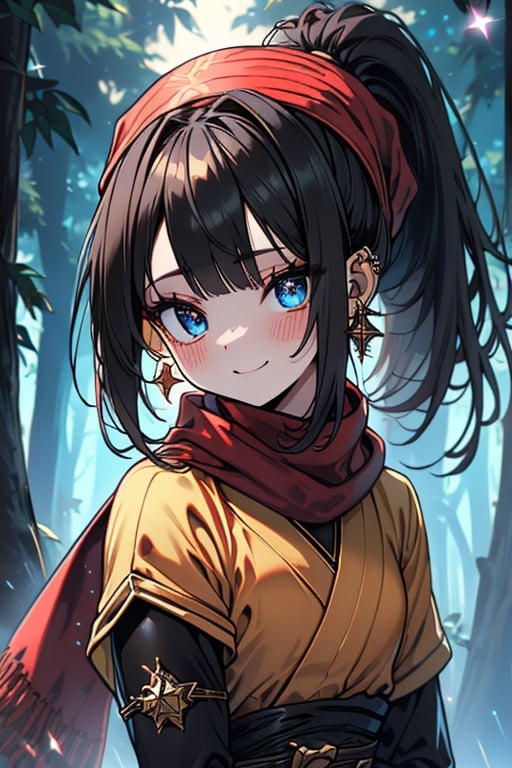 black hair, blue eyes, yellow Kimono
 outfit with black edges, a red scarf with gold stripes, the edges have small golden touches, friendly face, a black spandex that covers her entire body, headscarf, killer, happy smile , bangs, in the forest at night, masterpiece, star earrings, detailed, high quality, absurd, the strongest human of all, bringer of the world's hope, hair in ponytail,black lycra.