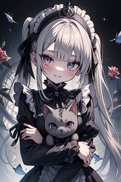 a puppet, a woman with a small body, teenager, gray hair, smiling, black rose patch on her left eye, very elegant black dress from the Victorian era, silver eyes, perfect face, happy, yandere, psychopath, corrodia, hive mind semi-central, small breasts, masterpiece, very good quality, excellent quality, loli, small body,loli,young man, holding a stuffed cat in her arms, gothic,sculptor of souls,two long pigtails in her hair,maid headband.